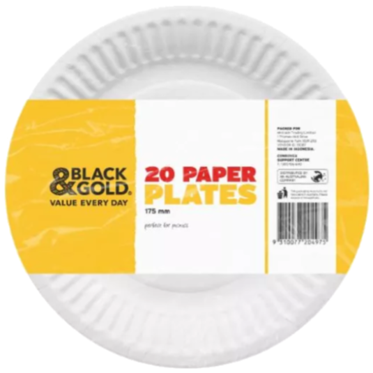 Black & Gold Paper Plates 180mm 20pk