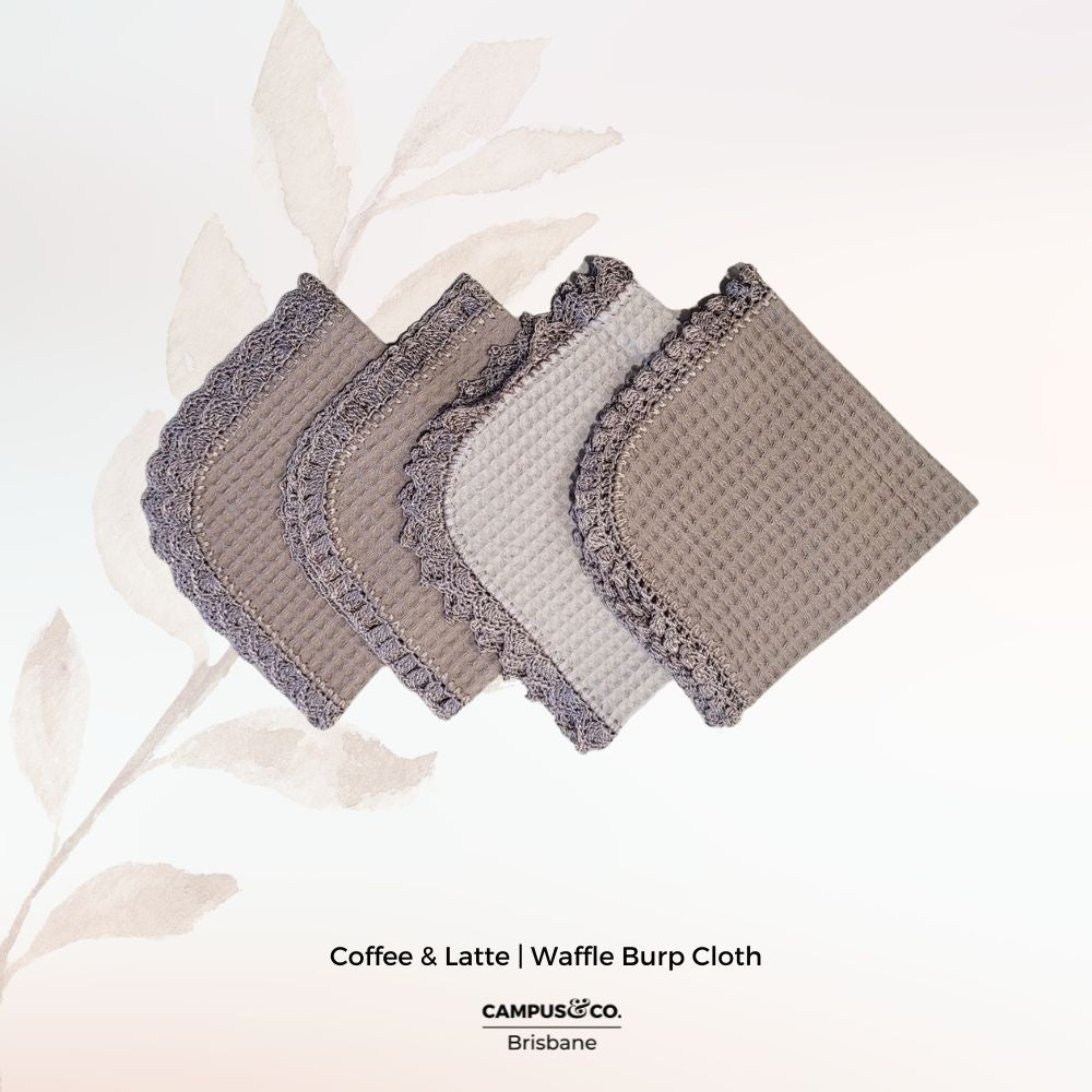 Waffle Burp Cloth with Crochet - Coffee