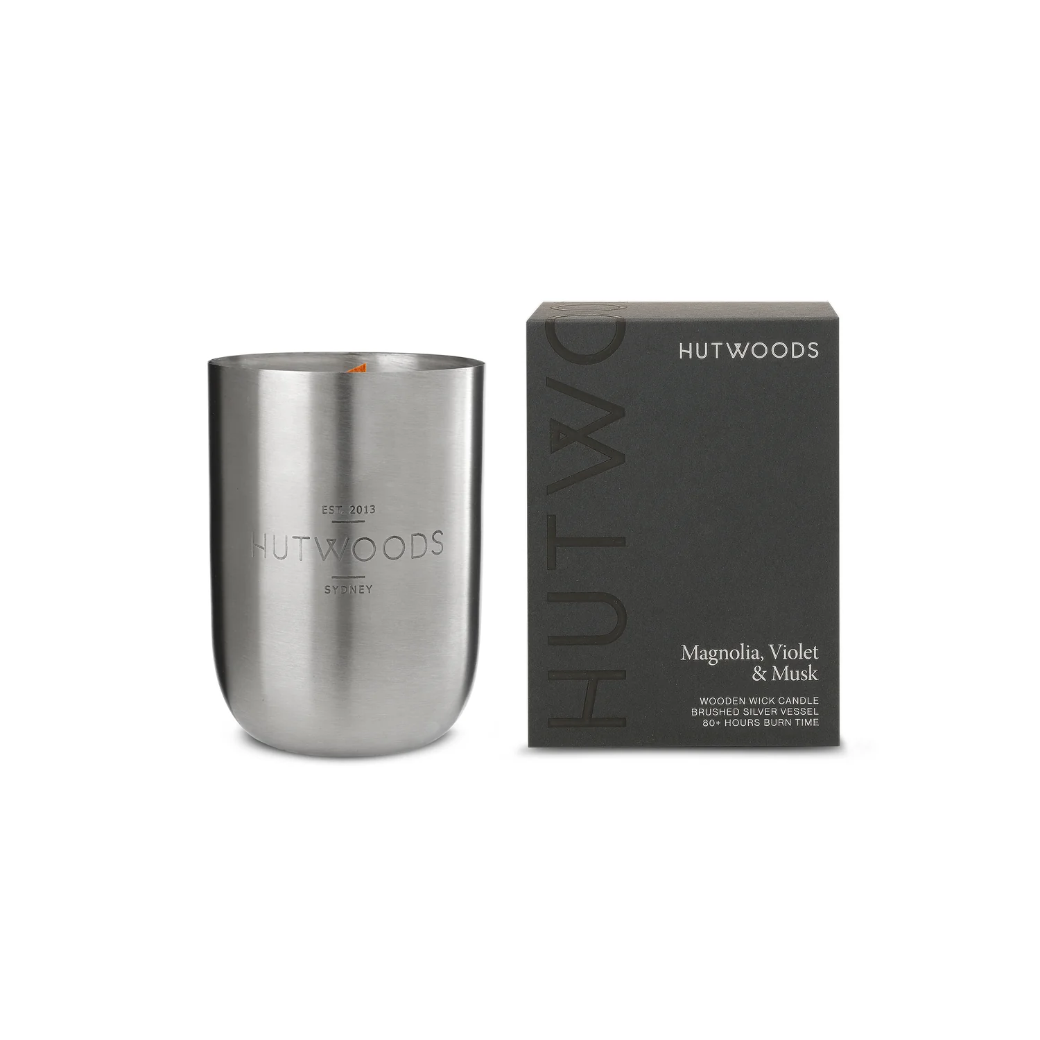 Hutwoods Luxury Brushed Silver Candle Magnolia Violet and Musk 350g