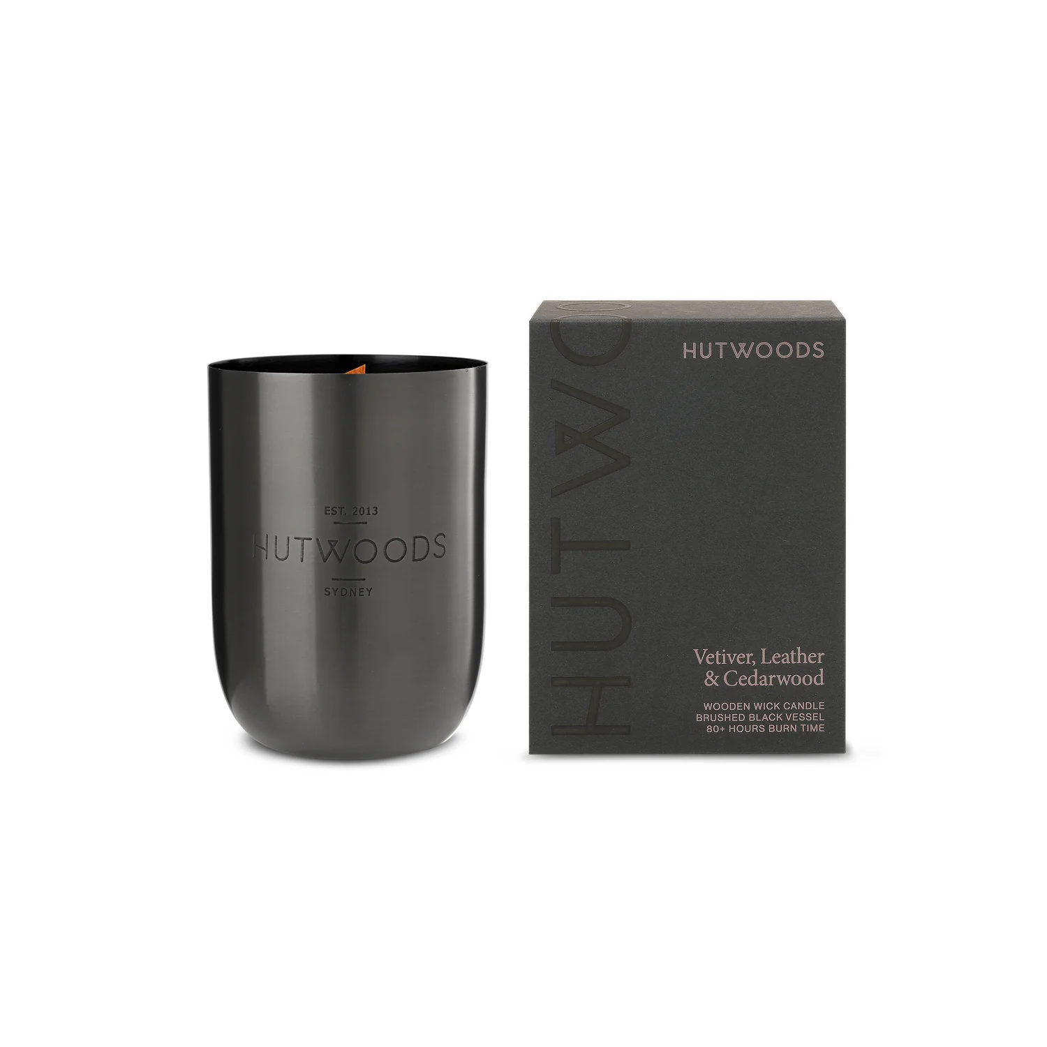 Hutwoods Luxury Brushed Black Candle Vetiver Leather and Cedar 350g