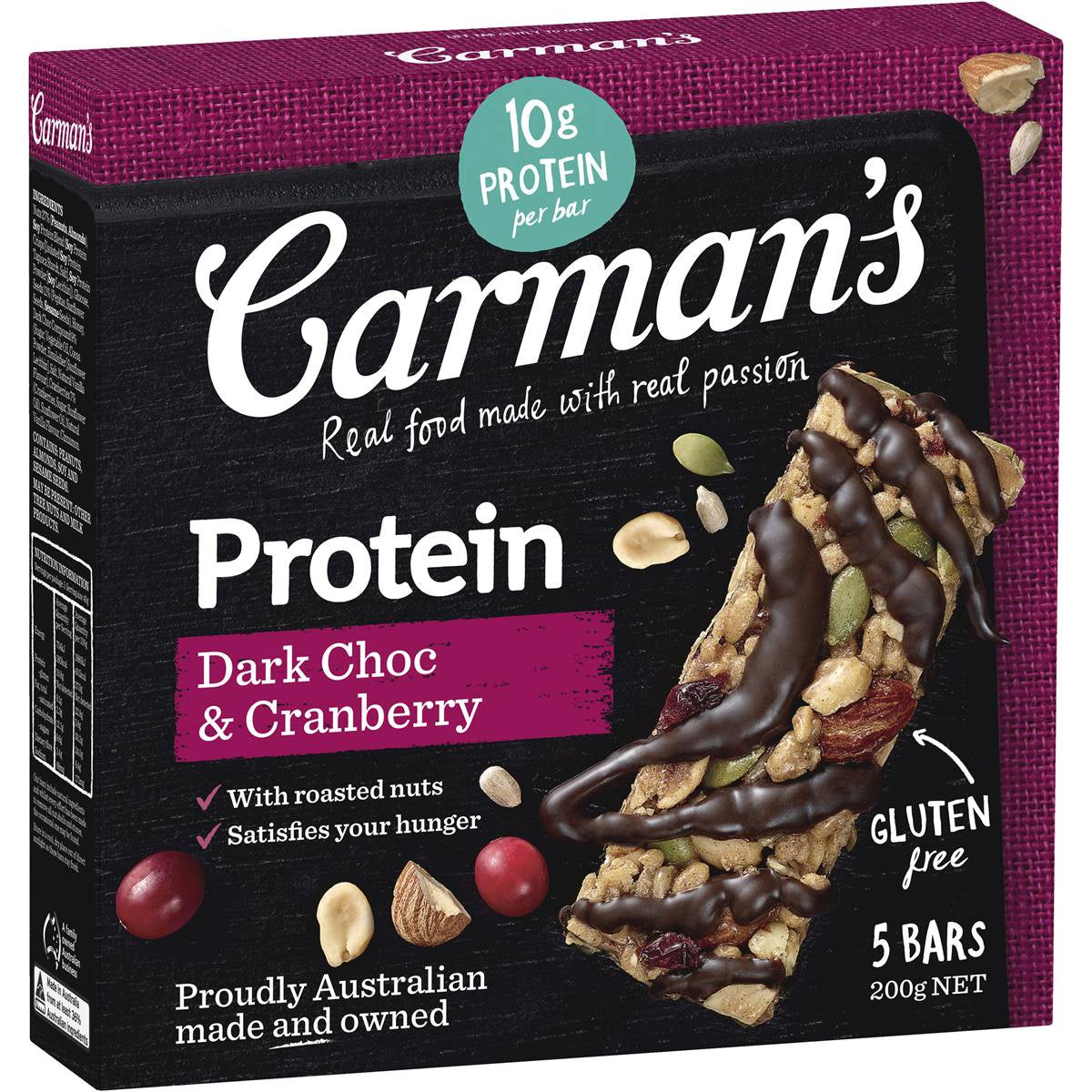 Carmans Dark Choc and Cranberry Protein Bars Gluten Free 5Pk