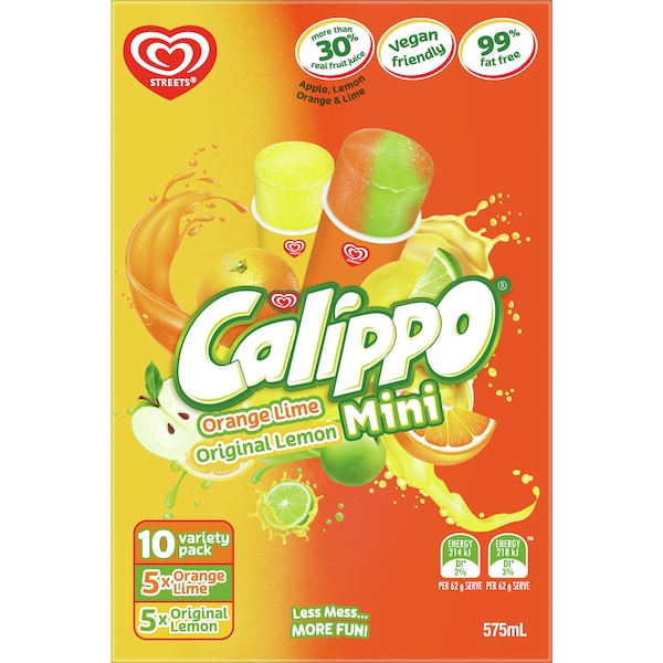 Streets Calippo Mini Lemon Orange & Lime Water Ice Block 10Pk