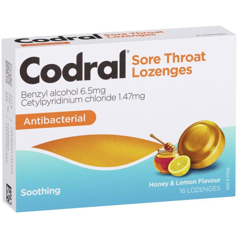 Codral Sore Throat Lozenges Honey Lemon Antibacterial 16 pk
