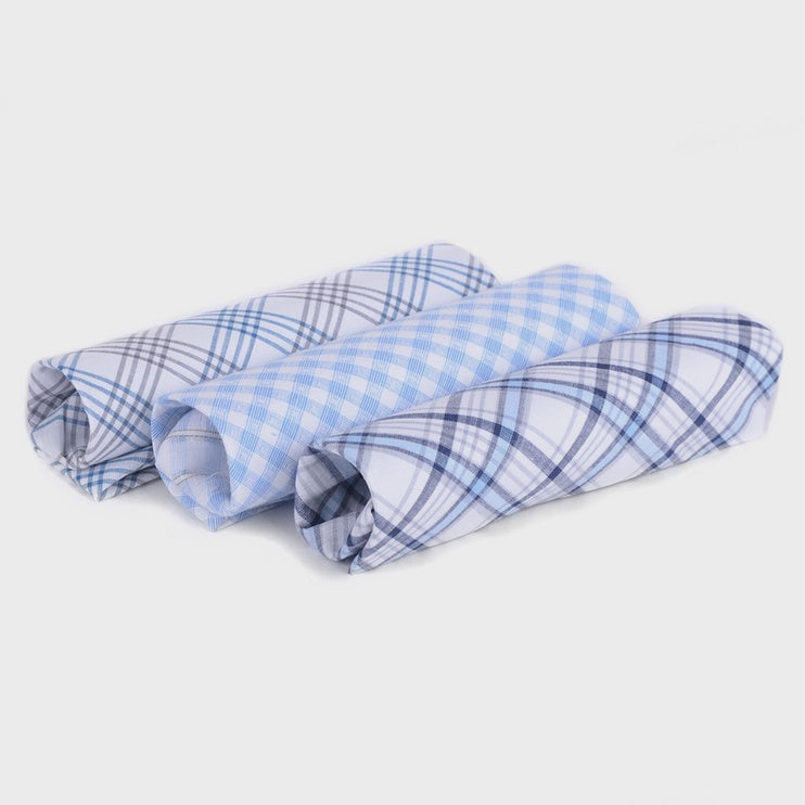 Men's Boxed Cotton Handkerchief-3 pcs Blue Plaid