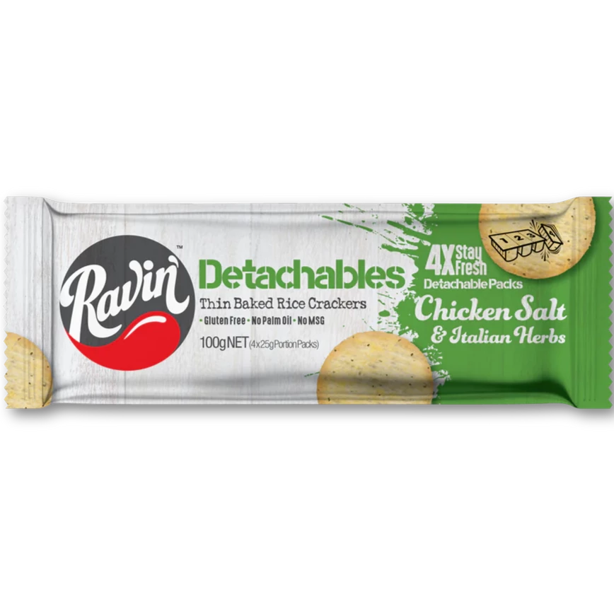 Ravin' Detachables Rice Crackers Chicken Salt & Italian Herbs 100g