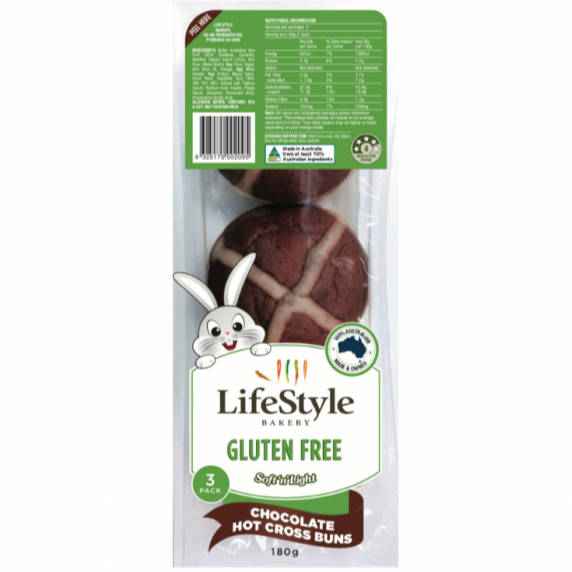 Lifestyle Bakery Gluten Free Chocolate Hot Cross Buns 3Pk (Frozen)