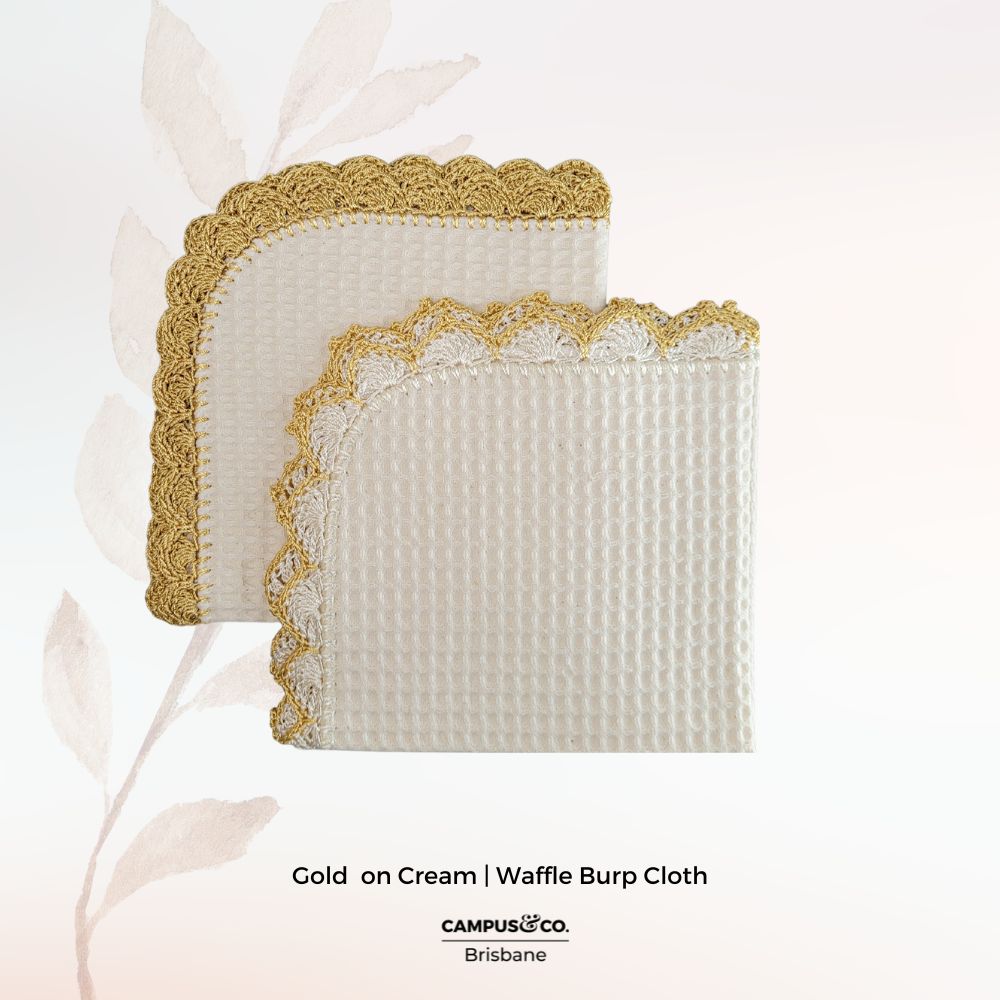 Waffle Burp Cloth Cream With Gold Crochet