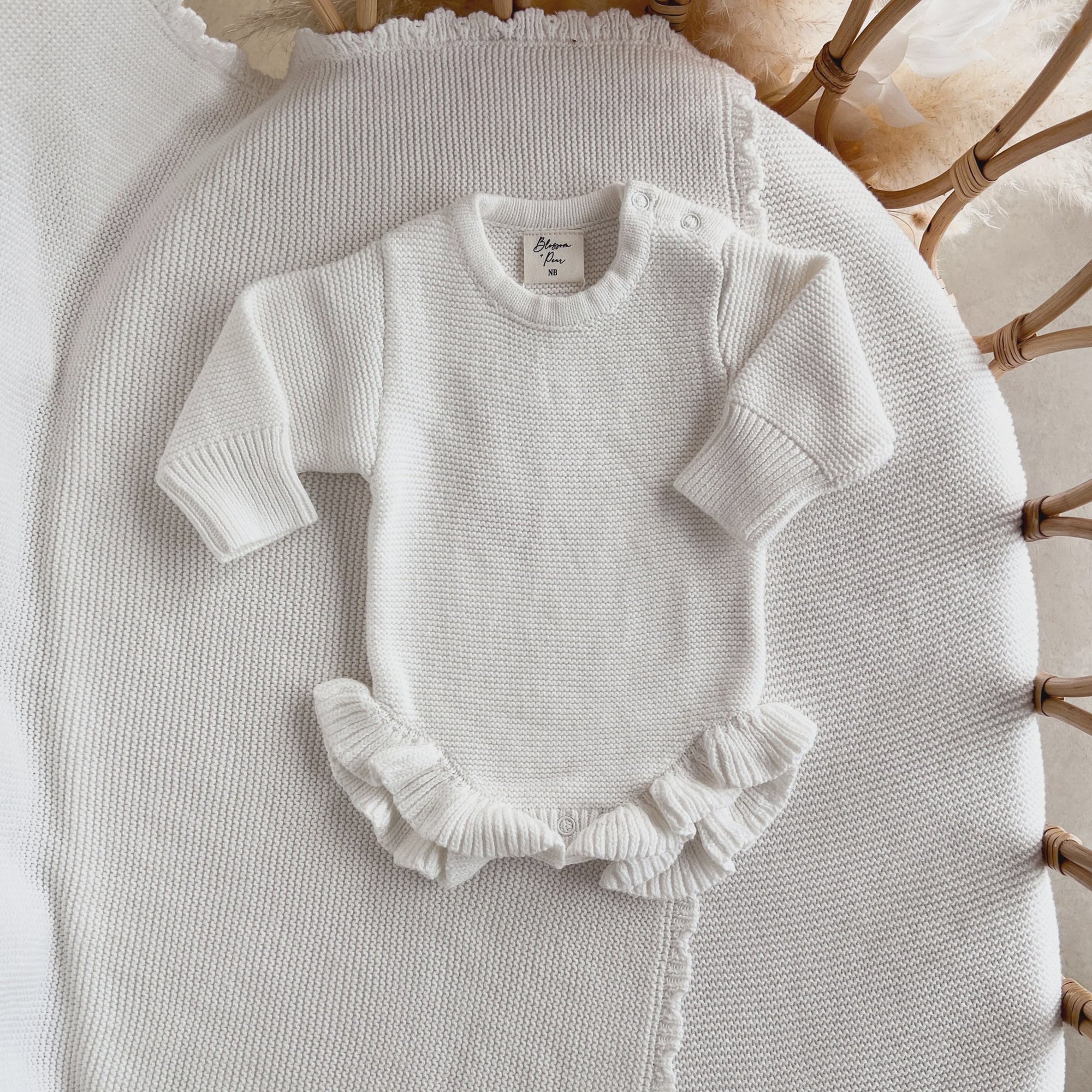 Long Sleeve Frill Leg Knit Romper - Milk 0-3m