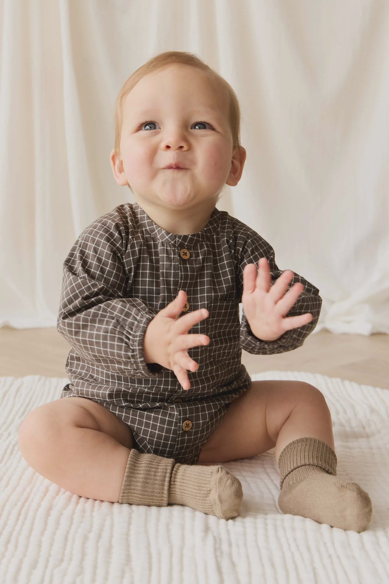 JK Organic Cotton Ellis Playsuit - Coffee Grid 1YR