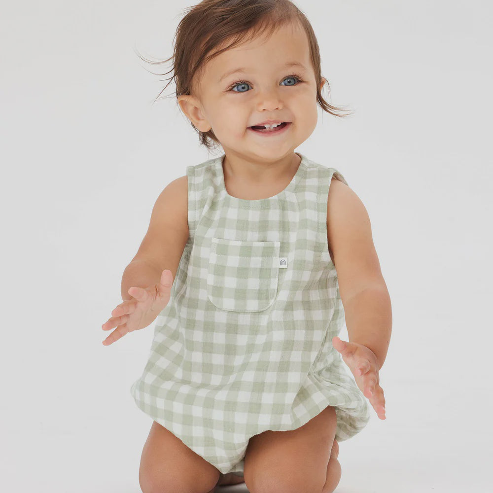 Sleeveless Romper - Sage Gingham 0