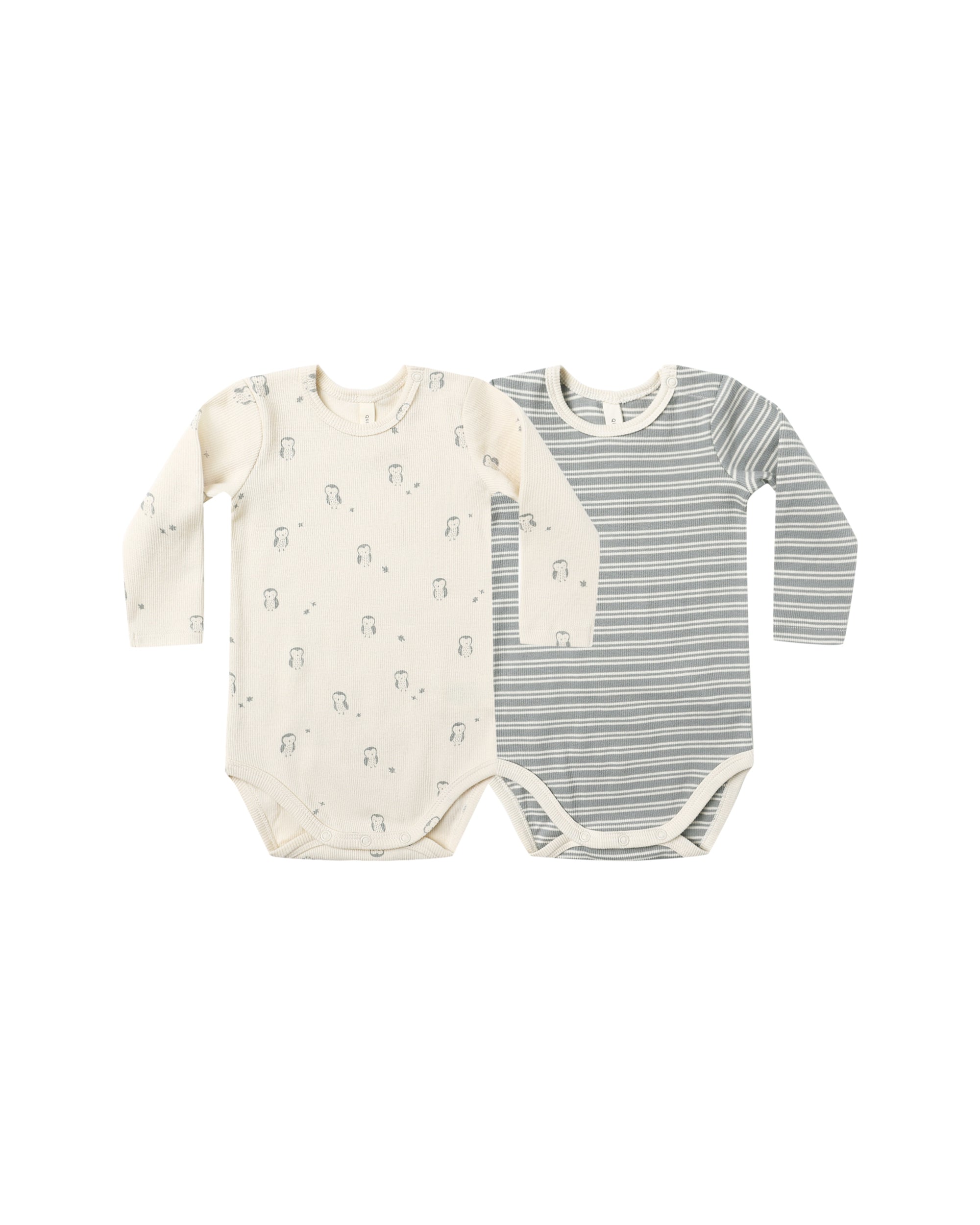 Quincy Mae Ribbed Bodysuit 2 pack Steel Blue Micro Stripe, Owls 0-3m