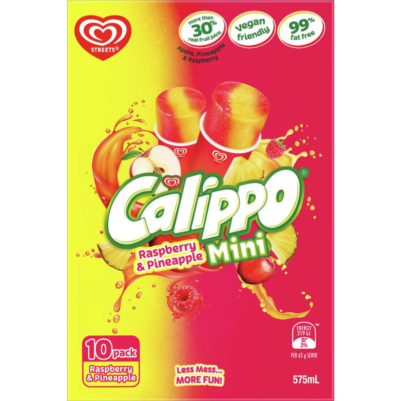 Streets Calippo Mini Raspberry Pineapple Water Ice 10 Pk