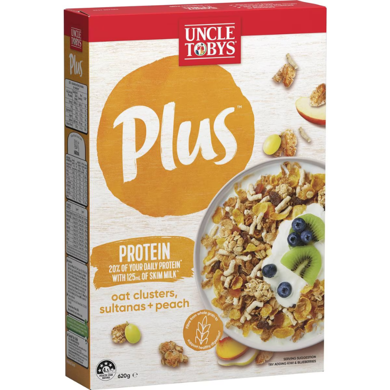 Uncle Tobys Plus Protein Peach, Sultanas & Oat Clusters 620g