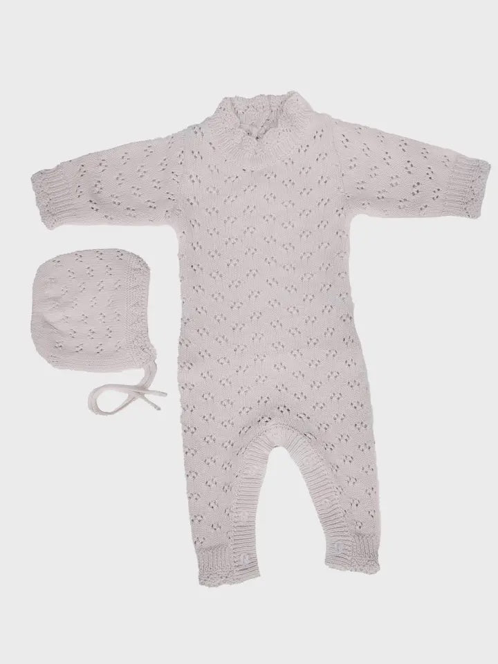 Olive & Cradle Grace Knitted Romper With Hat Apricot Size 3-6M