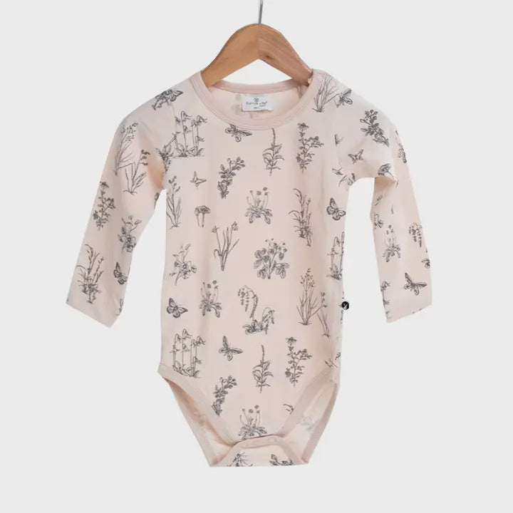 Burrow & Be Long Sleeve Baby Onesie - Blush Meadow 3-6m