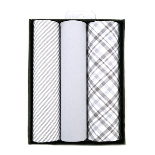 Men's Boxed Cotton Handkerchief-3 pcs grey plaid