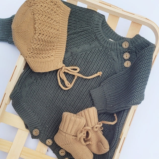 Olive & Cradle Elliot Knitted Romper Forest Green Size 0-3M