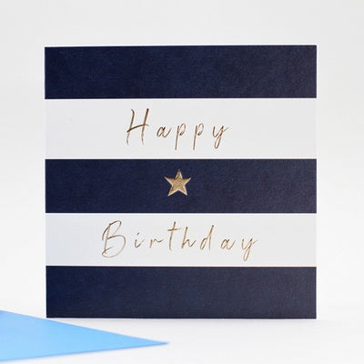 Greeting card Happy Birthday blue stripes gold star
