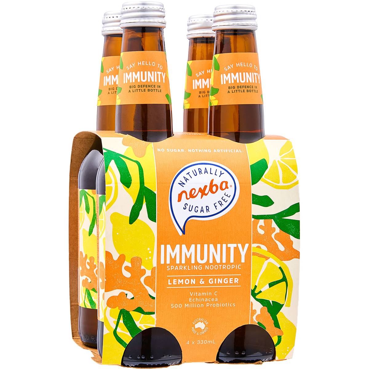 Nexba Lemon & Ginger Immunity Naturally Sugar Free Nootropic 330ml  4pk