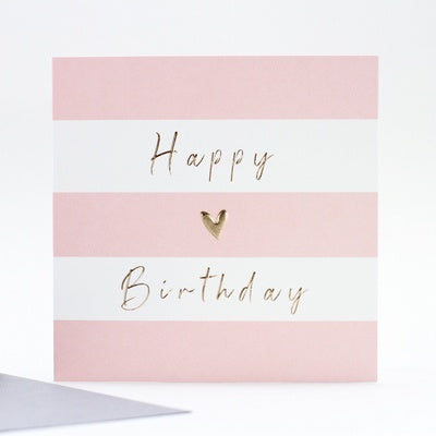 Greeting card Happy Birthday pink stripes gold heart
