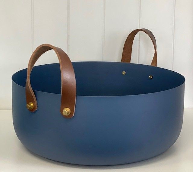Metal Bowl w/Leather Handles - Blue