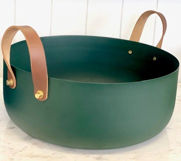 Metal Bowl w/Leather Handles - Forest