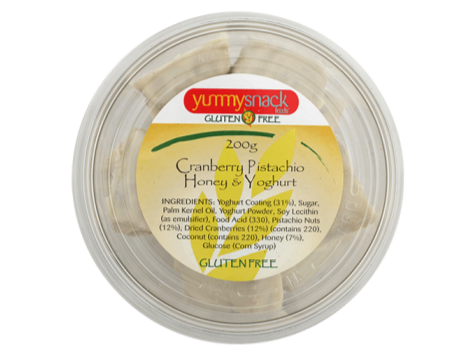 Yummy Cranberry Pistachio Honey & Yoghurt Bars GF 200g