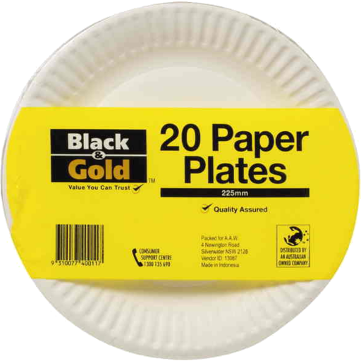 Black & Gold Paper Plate 225mm 20pk