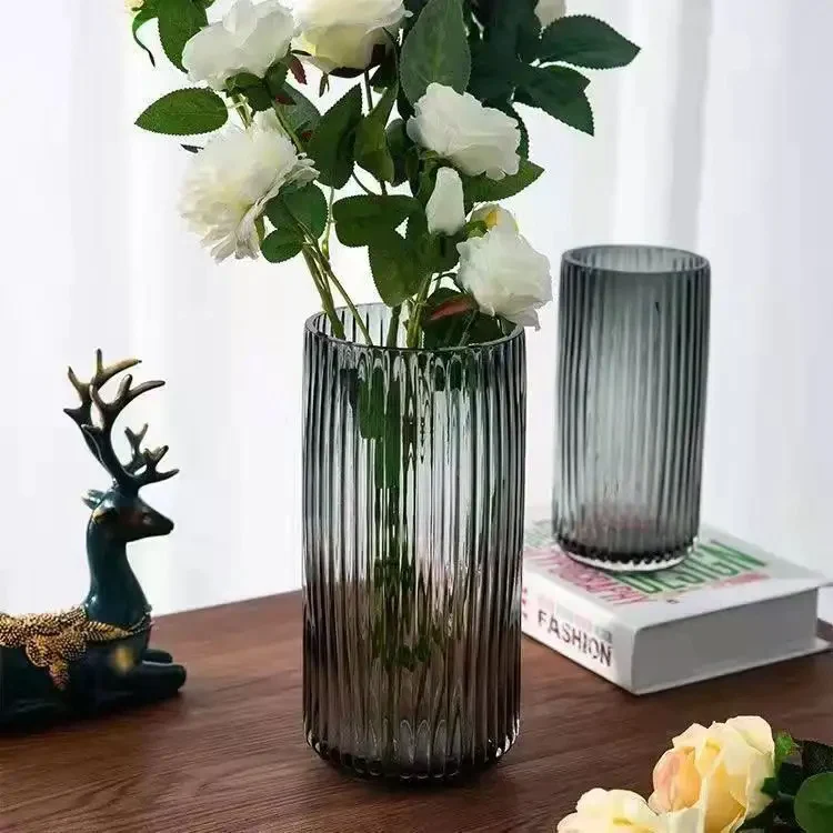 Smoke Grey Ribbed Vase
