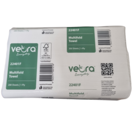 Veora Multifold Towel 1 ply 200 sheets 20pks