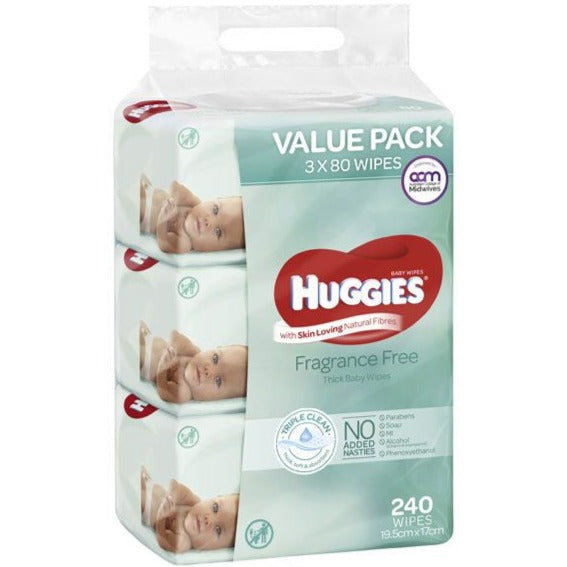Huggies Fragrance Free Baby Wipes 3 x 80 Wipes